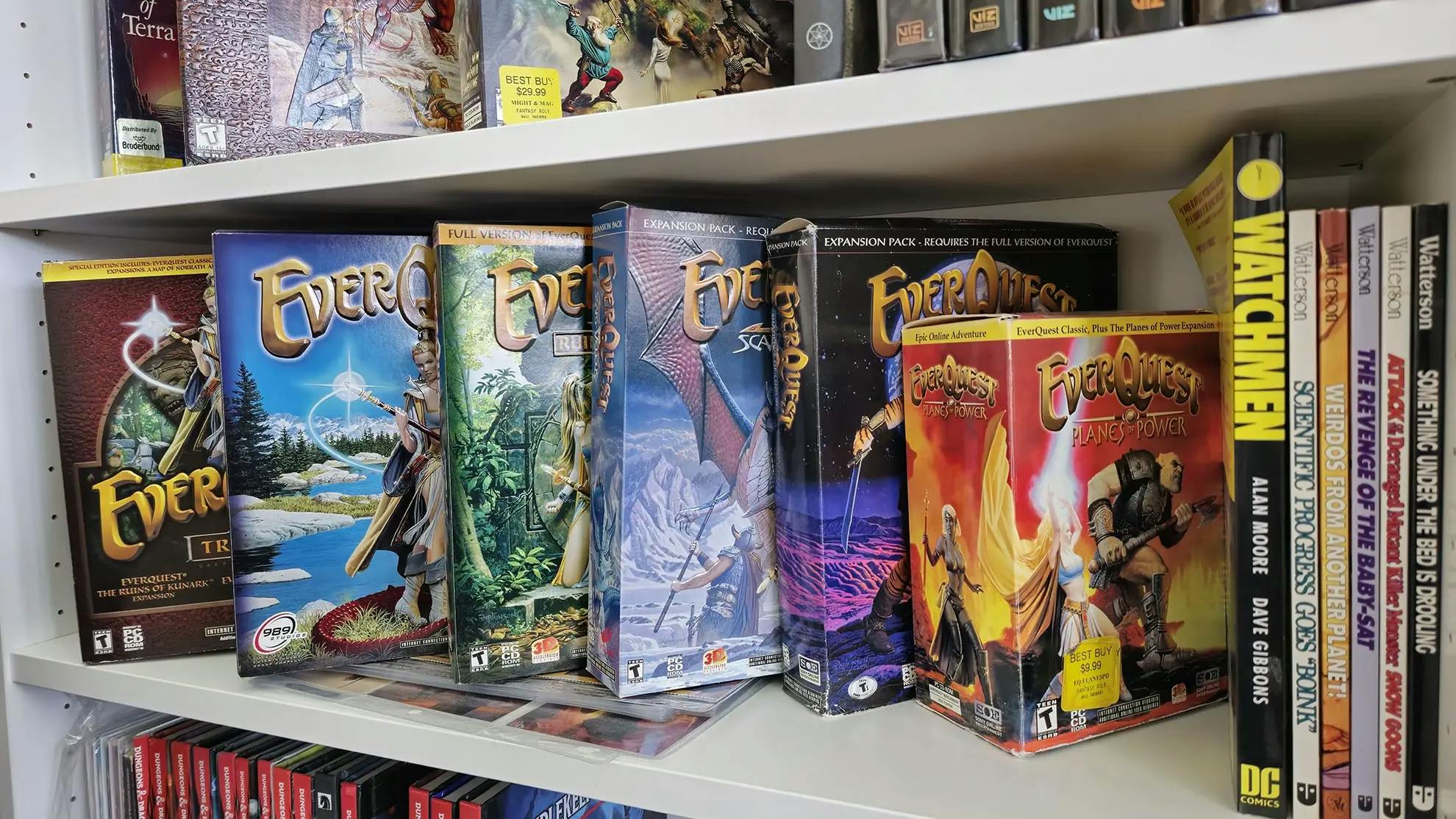 Picture of my original EverQuest game boxes on a bookshelf