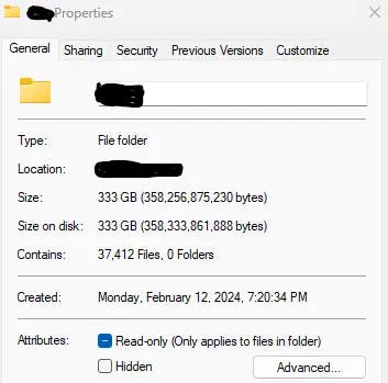 Screenshot of Folder Properties showing 333GB disk